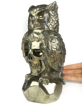 7.9" Pyrite Hand Carved Crystal Skull and Owl Fine Art Sculpture, Crystal Healing