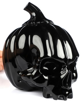 5.3" Black Obsidian Hand Carved Crystal Evil Pumpkin Skull Sculpture, Crystal Healing