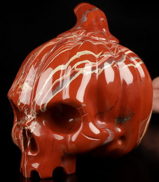 5.3" Red Jasper Hand Carved Crystal Evil Pumpkin Skull Sculpture, Crystal Healing