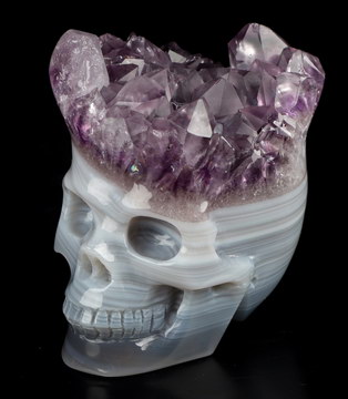 2.1" Agate Amethyst Druse Hand Carved Crystal Skull Fine Art Sculpture, Crystal Healing