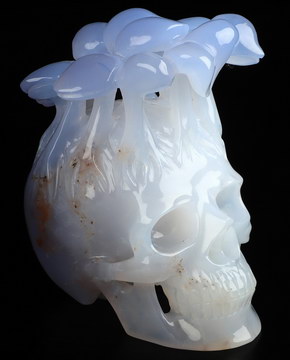 4.3" Blue Chalcedony Hand Carved Crystal Skull and Mushroom Fine Art Sculpture, Crystal Healing