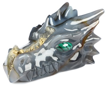 5.7" Premium Brazilian Agate Hand Carved Crystal Dragon Head Skull with Malachite Eyes Sculpture, Crystal Healing