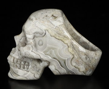 US Size #8.5 Gemstone Red Crazy Lace Agate Hand Carved Crystal Skull Ring, Skull Jewelry