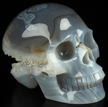 4.1" Gray & White Agate Hand Carved Crystal Skull, Realistic, Crystal Healing