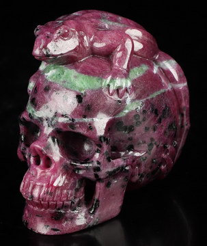 2.6" Ruby Zoisite Hand Carved Crystal Skull and Chameleon Fine Art Sculpture, Crystal Healing