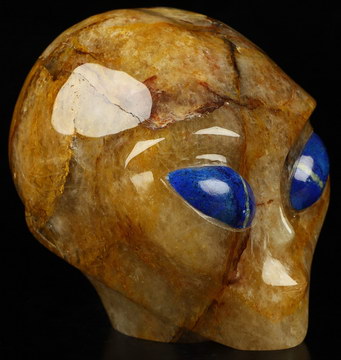 4.1" Golden healer Star Being Female Alien Crystal Skull Companion With Lapis Lazuli Eyes, Hand Carved Gemstone Fine Art Sculpture, Reiki Healing Stone Statue