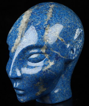 Gemstone 4.2" Lapis Lazuli Hand Carved Fairy Elf Alien Crystal Skull Companion Sculpture, Crystal Healing