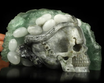 6.3" Fluorite Hand Carved Crystal Skull and Snake Fine Art Sculpture, Crystal Healing