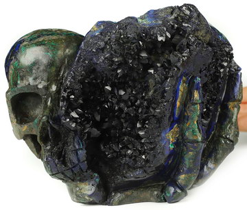 6.5" Azurite & Malachite Geode Hand Carved Crystal Skull Fine Art Sculpture, Crystal Healing
