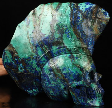 6.9" Azurite & Malachite Hand Carved Crystal Skull Fine Art Sculpture, Crystal Healing