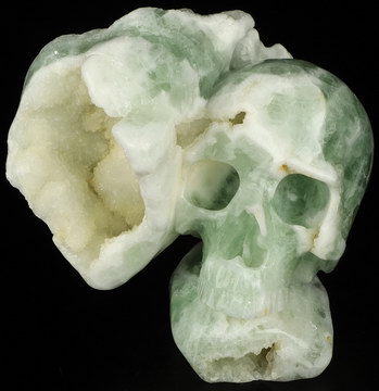 5.2" Fluorite Geode Hand Carved Crystal Skull Fine Art Sculpture, Crystal Healing