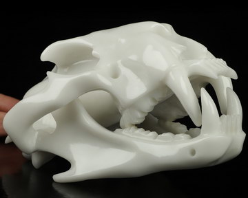 9.1" White Jade Hand Carved Crystal Skull Lion Fine Art Sculpture, Crystal Healing