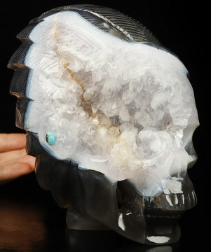 5.8" Agate Amethyst Geode Hand Carved Crystal Indian Skull Sculpture, Crystal Healing