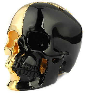 5.1" Black Obsidian and Gold Plated Copper Hand Carved Crystal Skull, Super Realistic, Crystal Healing