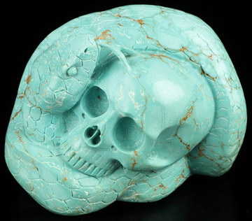 3.1" Turquoise Hand Carved Crystal Skull and Snake Sculpture, Crystal Healing
