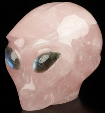 4.0" Rose Quartz Star Being Female Alien Crystal Skull Companion With Labradorite Eyes, Hand Carved Gemstone Fine Art Sculpture, Reiki Healing Stone Statue