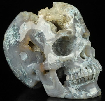 Nice Geode Huge 4.5" Green Moss Agate Carved Crystal Geode Skull, Super Realistic