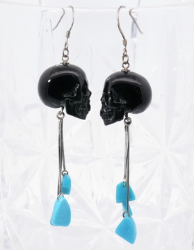  Black Obsidian and American Turquoise Hand Carved Crystal Skull Earrings, Skull Jewelry