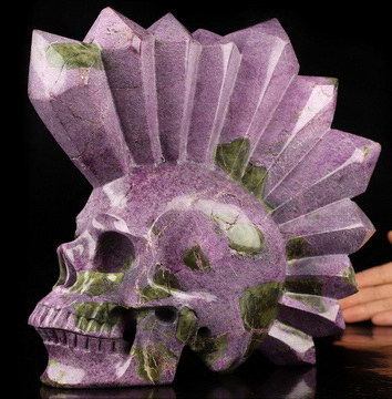 Gemstone 8.6" Stichtite and Serpentine Hand Carved Crystal Punk Skull Fine Art Sculpture, Crystal Healing