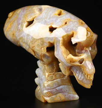 3.5" Agate Geode Hand Carved Crystal Elongated Mayan Alien Skull with Spine Sculpture, Crystal Healing