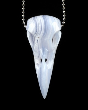 Necklace of 2.3" Blue Lace Agate Hand Carved Crystal Raven Pendant, Crystal Healing