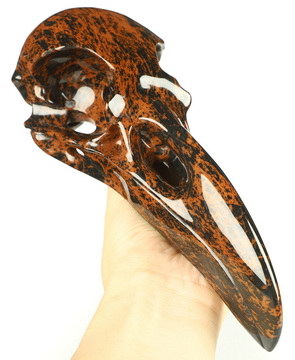 9.6" Mahogany Obsidian Hand Carved Raven Crystal Skull  Sculpture, Crystal Healing