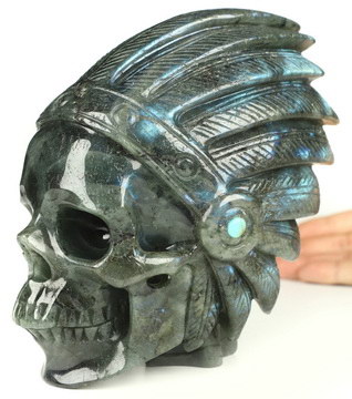 6.1" Labradorite Hand Carved Crystal Indian Skull Sculpture, Crystal Healing