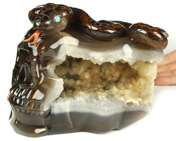 7.1" Agate Hand Carved Crystal Skull and Snake Fine Art Sculpture, Crystal Healing