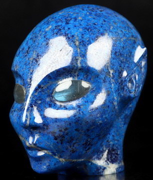 Gemstone 4.1" Lapis Lazuli Hand Carved Fairy Elf Alien Crystal Skull and Labradorite Eyes Companion Sculpture, Crystal Healing