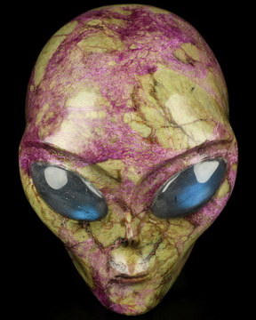 Gemstone 4.1" Stichtite and Serpentine Star Being Female Alien Crystal Skull Companion With Labradorite Eyes, Hand Carved Gemstone Fine Art Sculpture, Reiki Healing Stone Statue