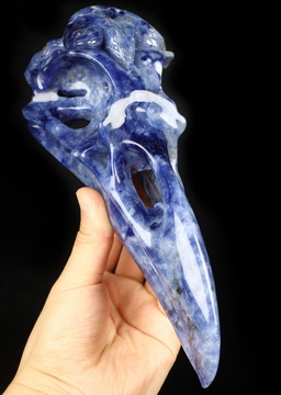 9.2" Sodalite Hand Carved Crystal Raven Skull Sculpture, Crystal Healing