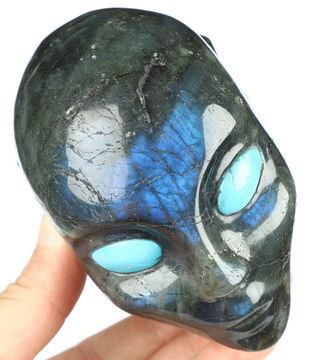 4.1" Labradorite Hand Carved Fairy Elf Alien Crystal Skull with Turquoise Eyes Companion Sculpture, Crystal Healing