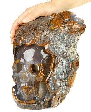 8.9" Carnelian Hand Carved Crystal Skull Fine Art Sculpture, Crystal Healing