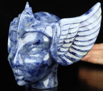 5.3" Sodalite Hand Carved Fairy Elf Alien Crystal Skull Companion Sculpture, Crystal Healing