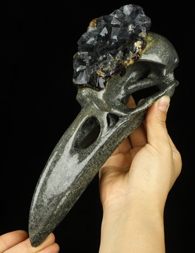 9.3" Green Tourmaline Quartz Hand Carved Raven Crystal Skull Sculpture, Crystal Healing