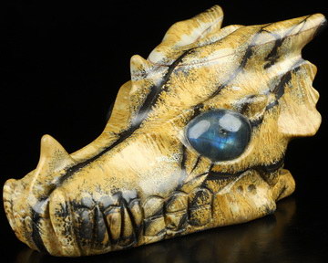 5.1" Chinese Painting Stone Hand Carved Crystal Dragon Skull with Labradorite Eyes Sculpture, Crystal Healing