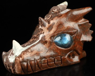 5.0" Chinese Painting Stone Hand Carved Crystal Dragon Skull with Labradorite Eyes Sculpture, Crystal Healing