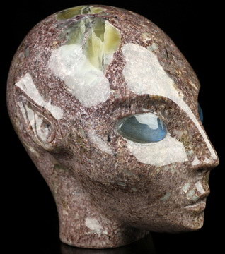 Gemstone 4.1" Russian Charoite Hand Carved Fairy Elf Alien Crystal Skull Companion Sculpture, Crystal Healing