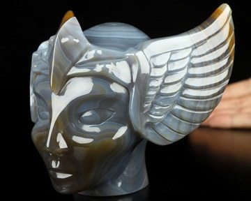 5.3"Premium Brazilian Agate Hand Carved Guardian Crystal Fairy Elf Alien Skull Sculpture, Crystal Healing