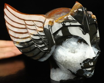 5.3"Black Zebra Agate Hand Carved Guardian Crystal Fairy Elf Alien Skull Sculpture, Crystal Healing