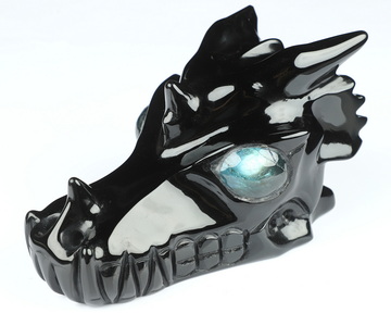 5.0" Black Obsidian Hand Carved Crystal Dragon Skull with Labradorite Eyes Sculpture, Crystal Healing