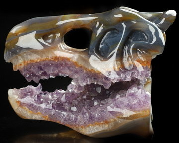 5.3" Premium Brazilian Agate Amethyst Geode Hand Carved Crystal Tyrannosaurus Rex Skull Sculpture, Crystal Healing