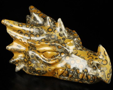 5.9" Chinese Leopard Skin Jasper Hand Carved Crystal Dragon Head Skull Sculpture, Crystal Healing