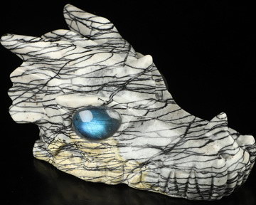 5.1" Black Network Jasper Hand Carved Crystal Dragon Skull with Labradorite Eyes Sculpture, Crystal Healing
