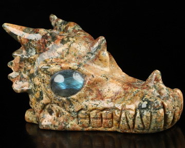 5.1" Sakura Green Quartz Rock Hand Carved Crystal Dragon Skull with Labradorite Eyes Sculpture, Crystal Healing