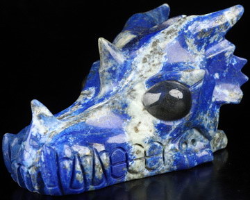 Gemstone 5.0" Lapis Lazuli Hand Carved Crystal Dragon Skull with Labradorite Eyes Sculpture, Crystal Healing