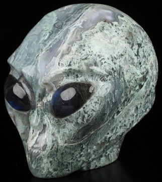 4.1 Green Moss Agate Star Being Female Alien Crystal Skull Companion With Labradorite Eyes, Hand Carved Gemstone Fine Art Sculpture, Reiki Healing Stone Statue