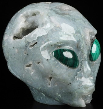 4.1" Green Moss Agate Star Being Female Alien Crystal Skull Companion With Malachite Eyes, Hand Carved Gemstone Fine Art Sculpture, Reiki Healing Stone Statue