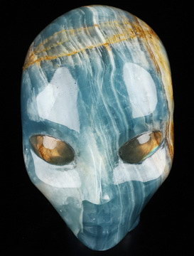 4.1" Blue Onyx Hand Carved Fairy Elf Alien Crystal Skull Companion Sculpture, Crystal Healing