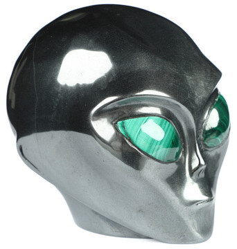 4.1" Hematite Star Being Female Alien Crystal Skull Companion With Malachite Eyes, Hand Carved Gemstone Fine Art Sculpture, Reiki Healing Stone Statue